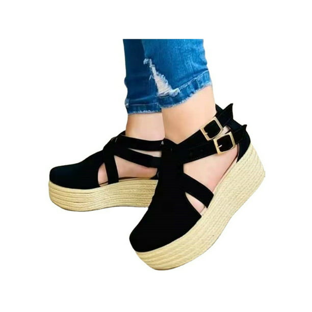 Womens Ladies Espadrille Wedge Buckle Summer Casual Mules Sandals Shoes Size 4-7